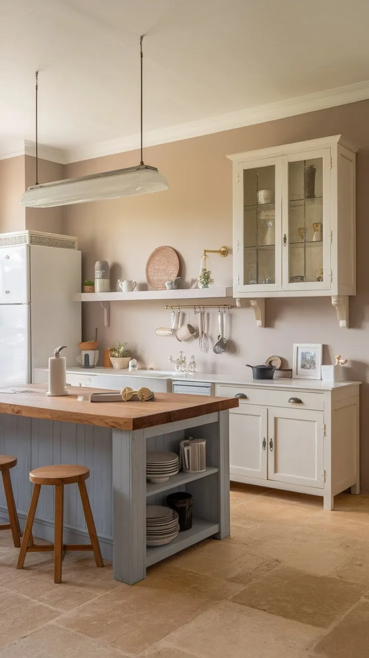 A charming farmhouse-style apartment kitchen boasts a large wooden island and soft beige and gray tones.