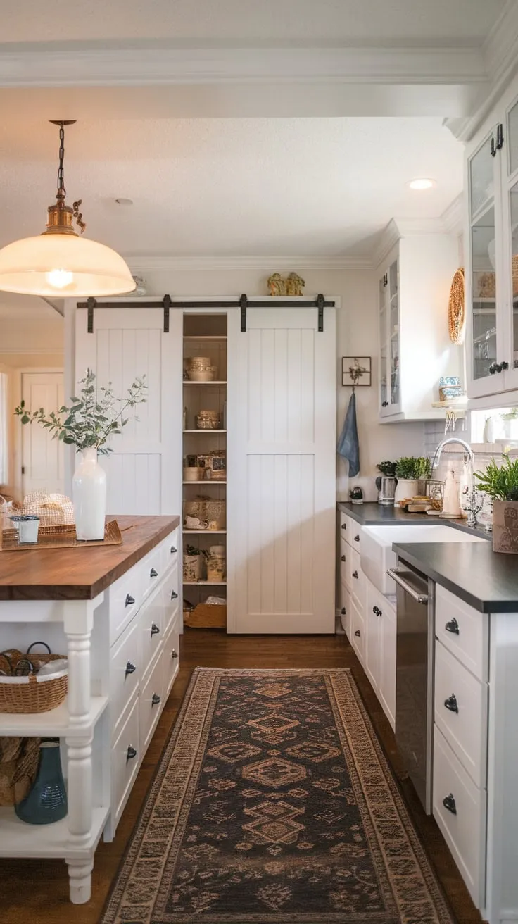 A charming farmhouse-style condo kitchen boasts white cabinets, dark countertops, and a patterned rug, anchored by a vintage-lit island.