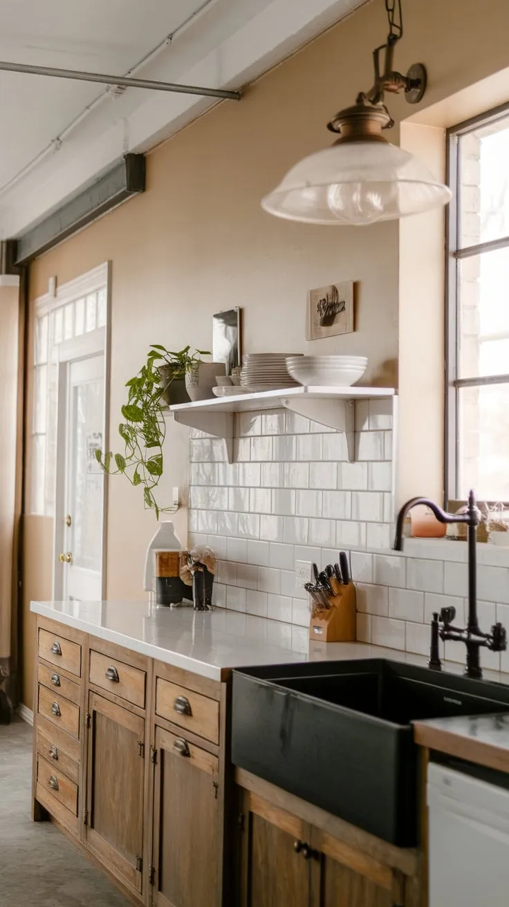 A vintage-inspired apartment kitchen boasts farmhouse style despite its compact size.