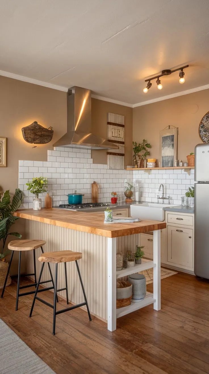 Warm lighting illuminates a charming farmhouse-style condo kitchen, complete with a butcher block island and cozy details.