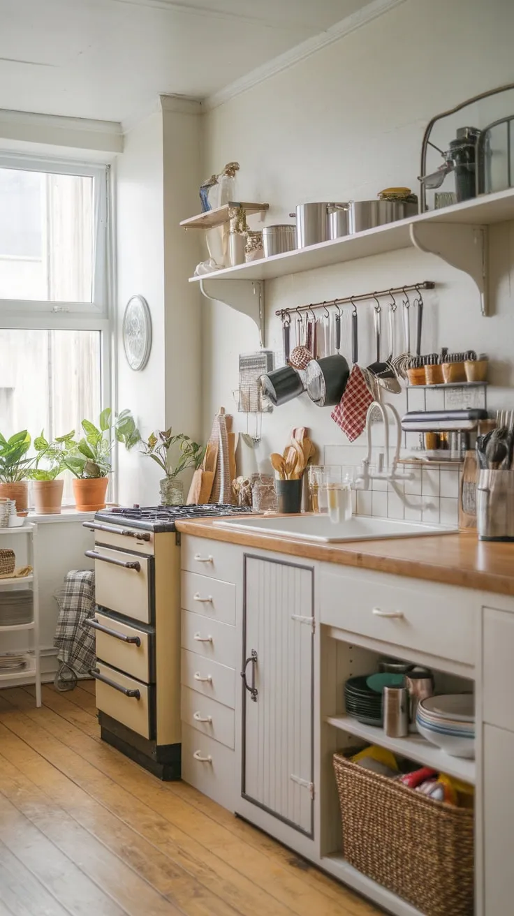 Charming farmhouse-style condo kitchen boasts wood countertops, a small pantry, and charming details.