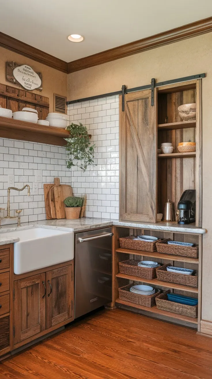 A condo apartment boasts a charming farmhouse kitchen featuring wooden cabinets, subway tile, and a marble countertop.