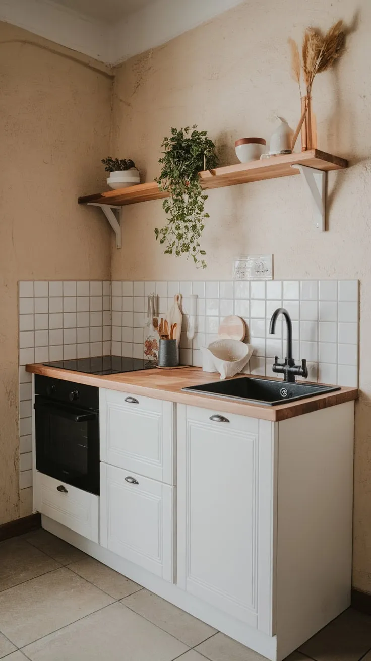 A small but stylish apartment kitchen features a farmhouse design with white cabinets, a wooden countertop, and black sink, creating a warm and inviting atmosphere.