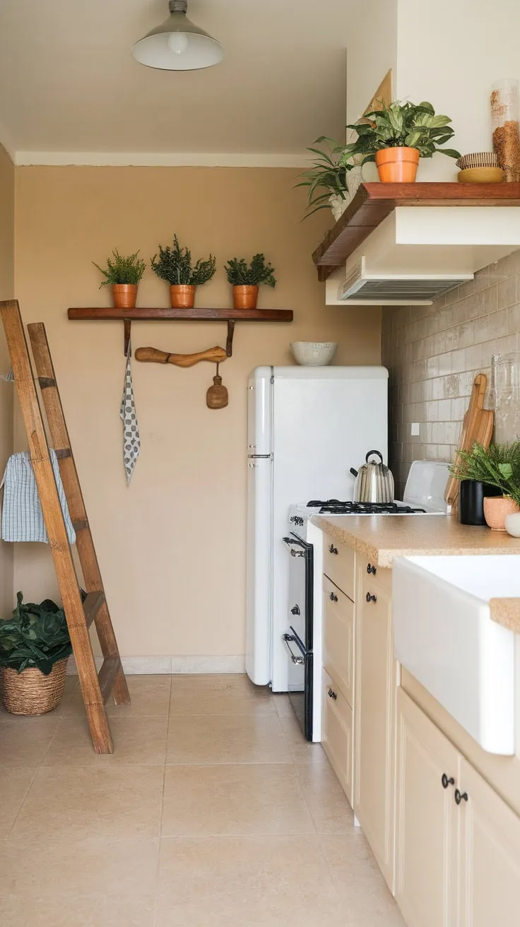 A charming farmhouse-style apartment kitchen boasts white cabinets, beige tones, and a small pantry, creating a cozy and functional space.