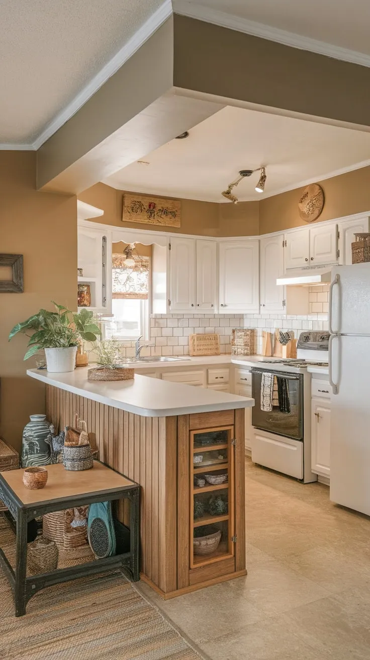 A cozy condo kitchen boasts a farmhouse aesthetic with white cabinets, beige walls, and a wooden island, all bathed in cheerful light.