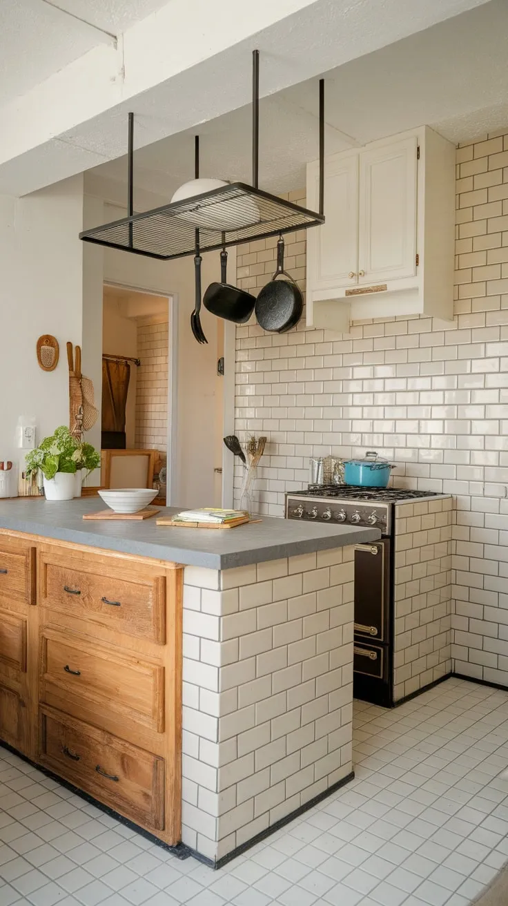 Charming farmhouse-style apartment kitchen boasts a beige subway tile backsplash and gray-topped wooden island, creating a cozy and functional space