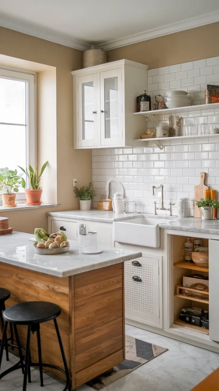 Charming farmhouse-style condo kitchen boasts a marble-topped island and white subway tile backsplash in a cozy space