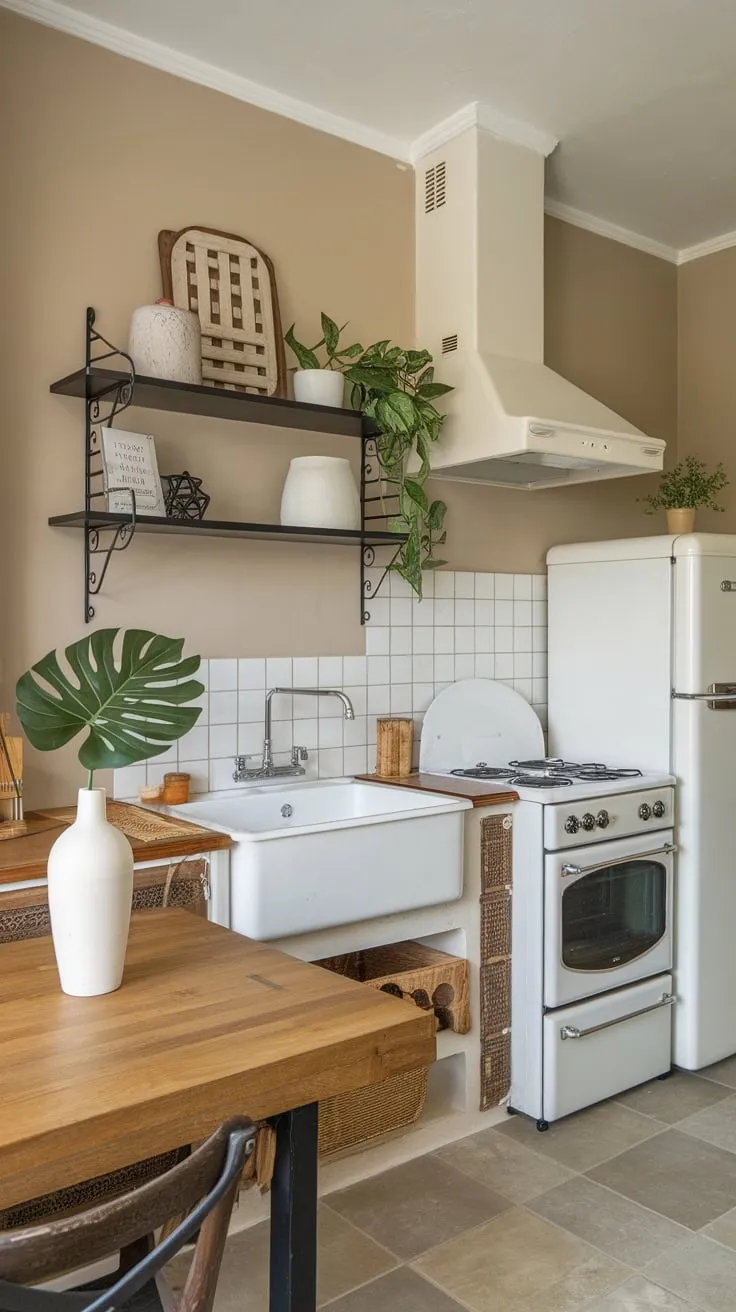 A charming farmhouse-style apartment kitchen boasts a white appliance palette, wooden accents, and pops of green, creating a cozy and inviting space.