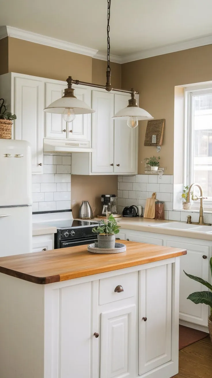 Charming farmhouse-style condo kitchen boasts a white and beige color scheme, wooden island, and vintage lighting.