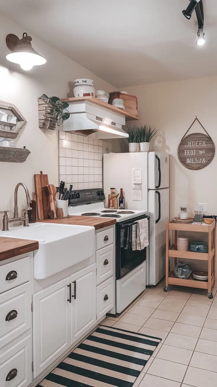 A white and wood condo kitchen blends farmhouse style with efficient apartment living.