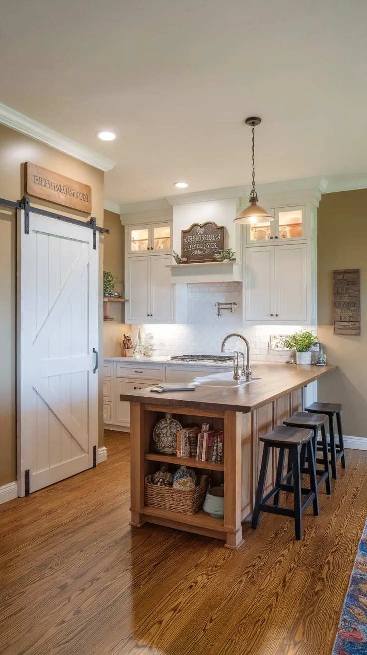 A charming condo kitchen boasts a farmhouse aesthetic with white cabinets, a wood island, and a barn-door pantry.