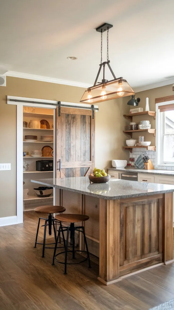 This condo's farmhouse-style kitchen blends modern and traditional elements, featuring a large wooden island with granite countertops and a charming sliding barn door pantry.