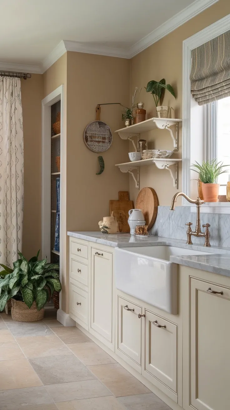 A charming farmhouse-style condo kitchen boasts grey marble countertops, white cabinets, and bronze accents, creating a cozy and inviting space.
