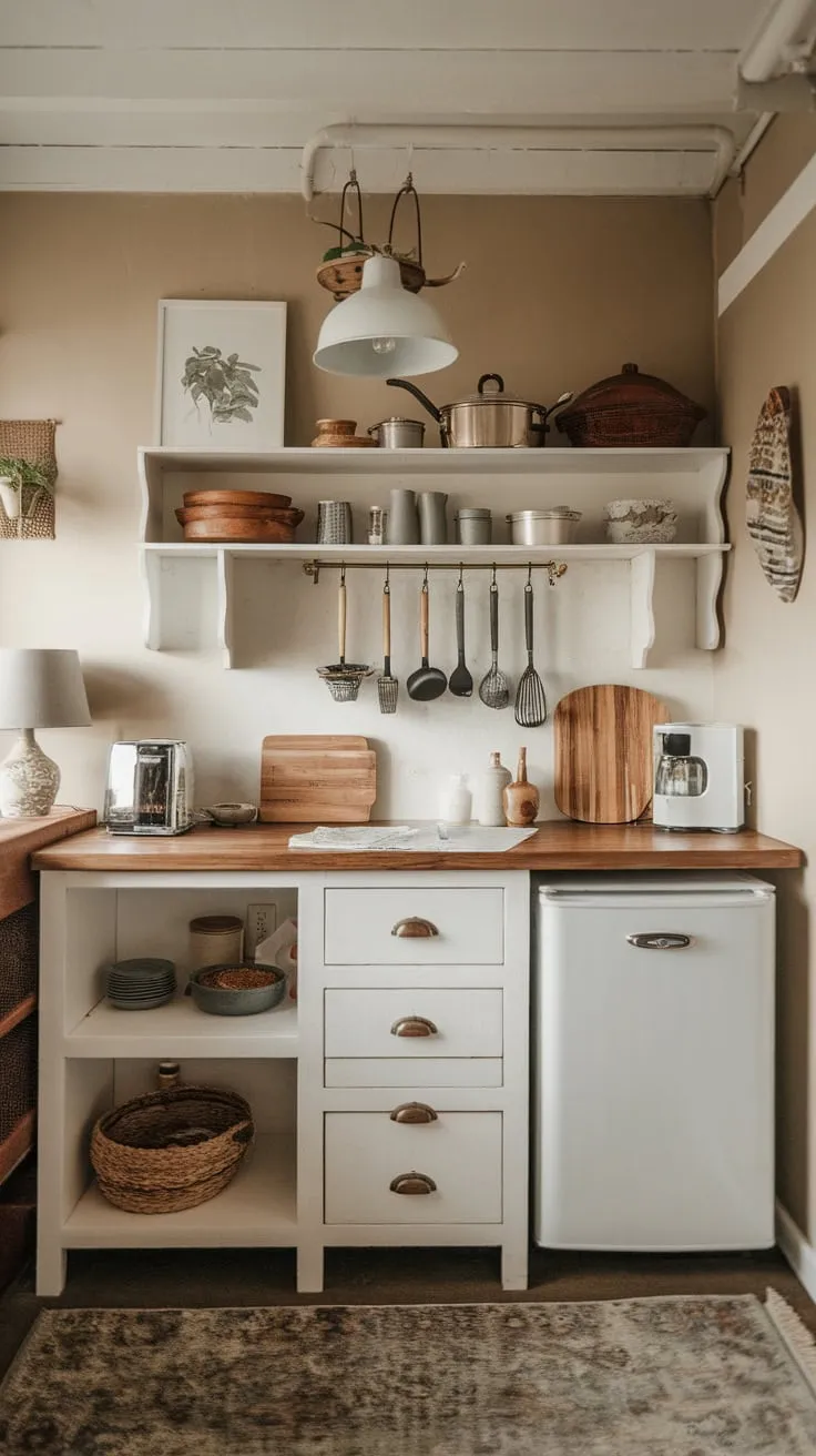 Charming farmhouse-style condo kitchen boasts a cozy, efficient design with white cabinets and wooden countertops