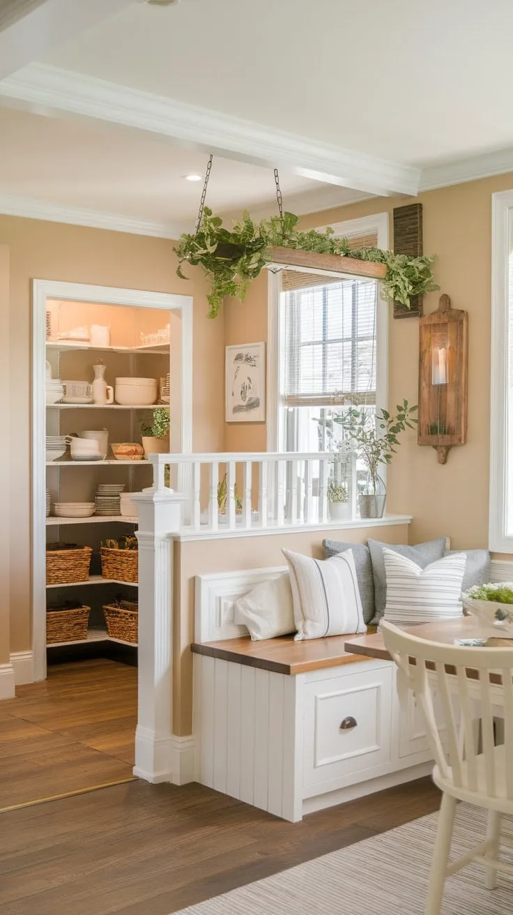 A charming condo kitchen blends farmhouse style with soft beige and white tones, wooden accents, and a sunny breakfast nook.