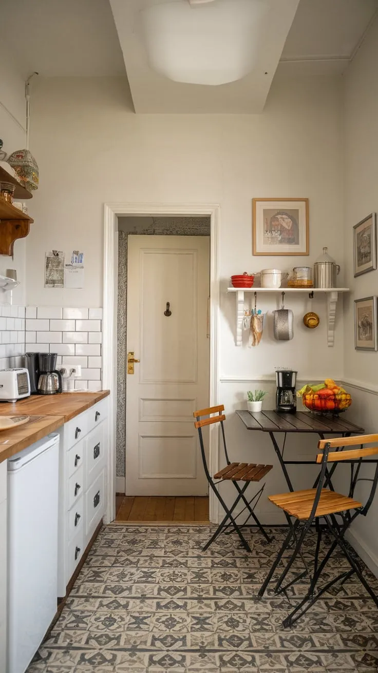 A bright white apartment kitchen boasts farmhouse charm, featuring a patterned floor and essential appliances nestled on the counter.