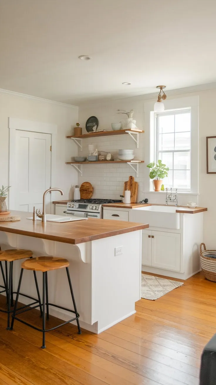 A charming farmhouse-style apartment kitchen boasts a spacious island, open shelving, and a bright window, creating a cozy yet functional space.