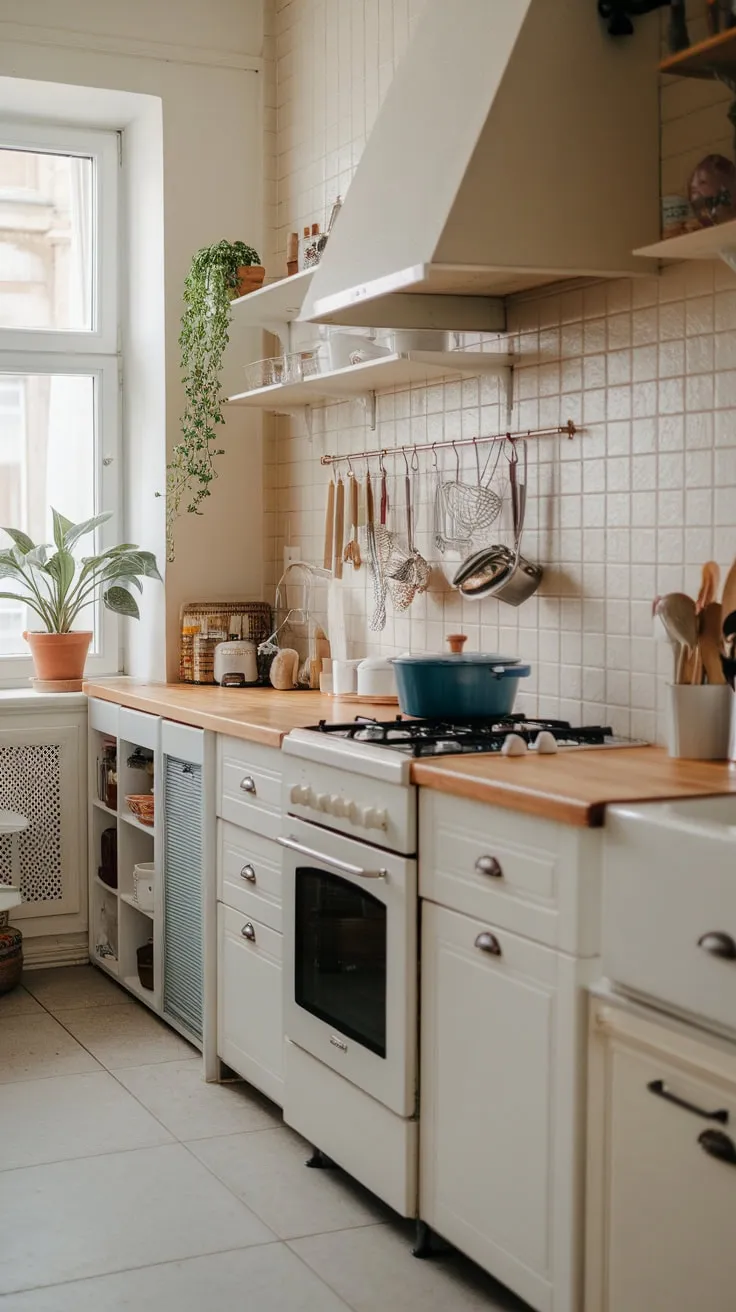 A small apartment kitchen boasts farmhouse style with a beige backsplash, white cabinets, and warm wooden accents.