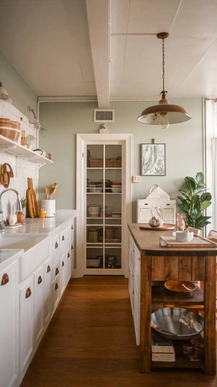 A cozy farmhouse-style apartment kitchen boasts a vintage aesthetic with limited appliances and a soft grey backdrop.