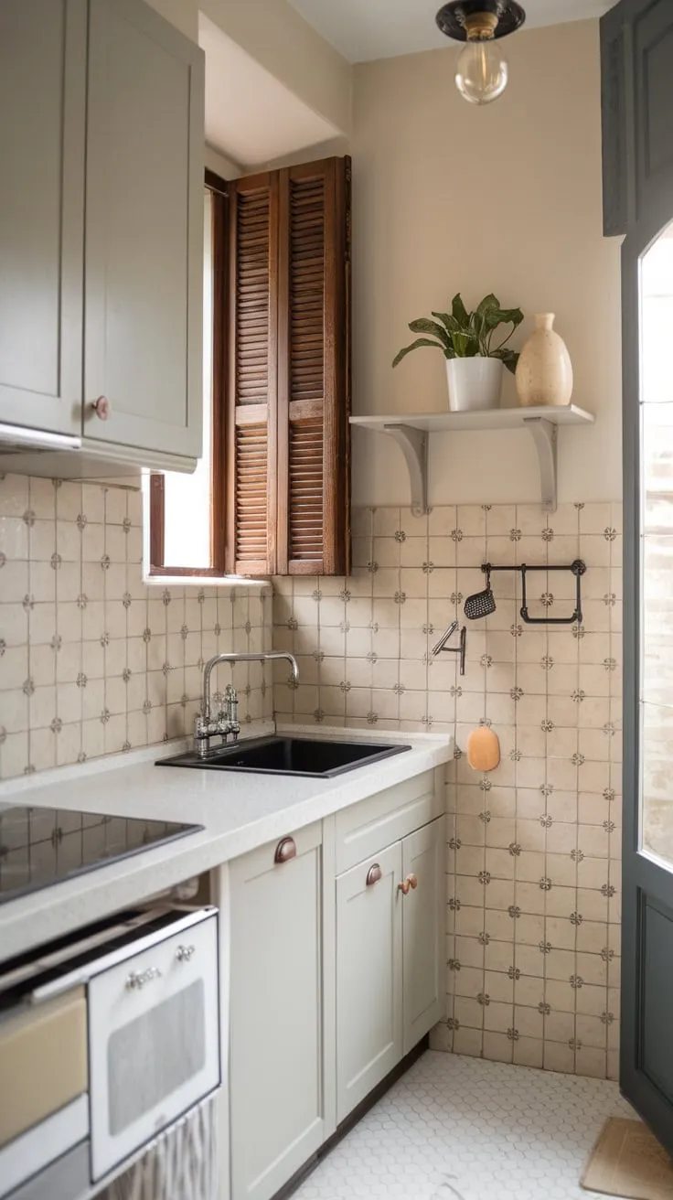 A small apartment kitchen's farmhouse design shines with light grey cabinets, white counters, and beige-tiled backsplash creating a cozy atmosphere.