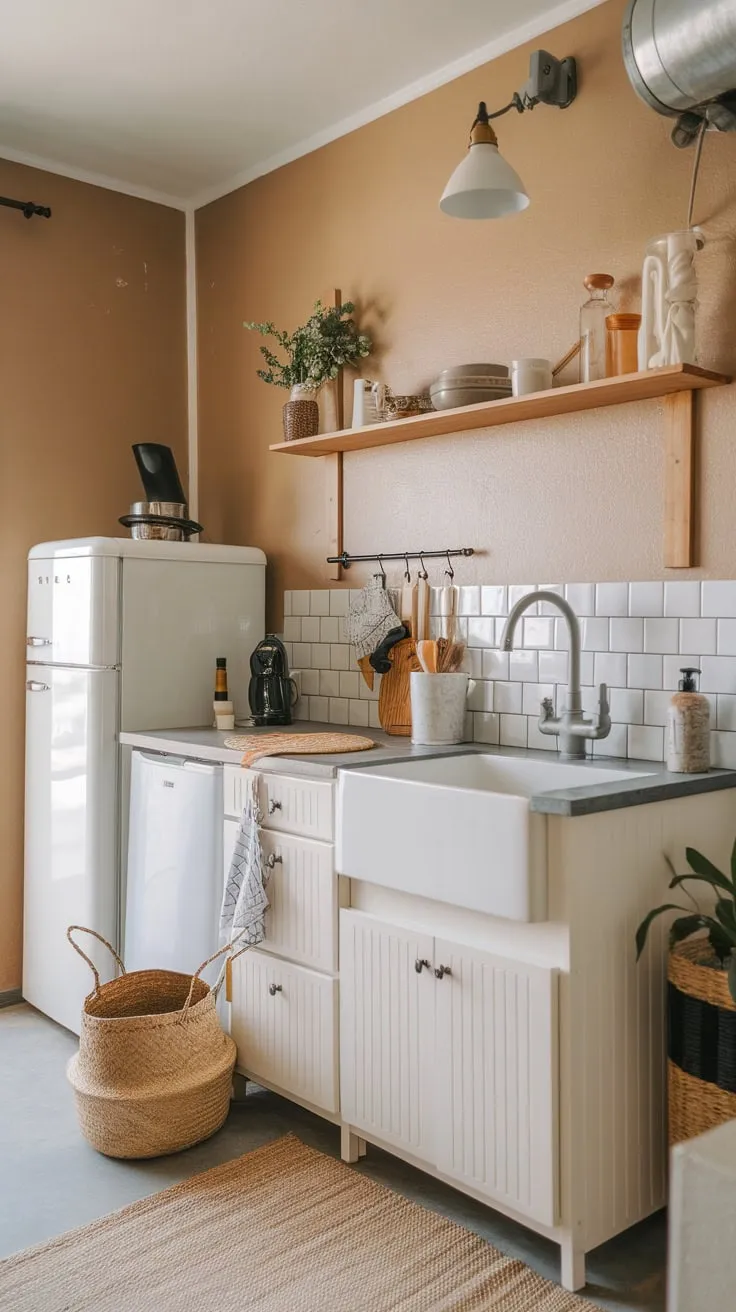 Bright light illuminates a charming small apartment kitchen with white cabinets, grey countertops, and farmhouse-style details.