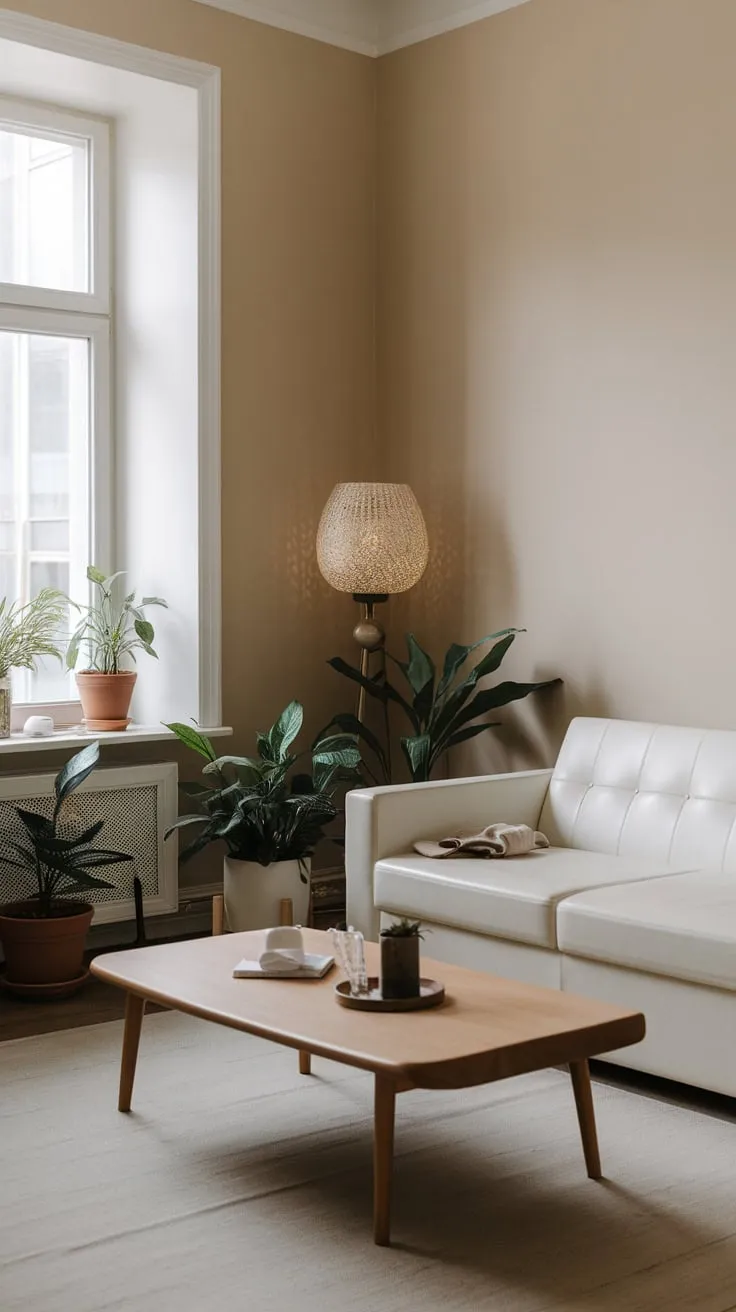 Beige walls, a white sofa, and a few plants create a minimalist haven in this apartment's living room