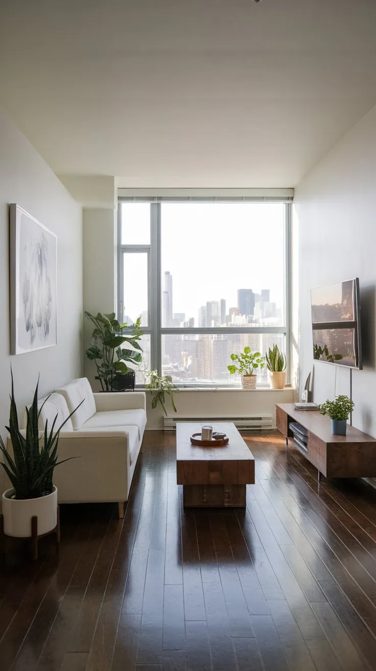 A minimalist apartment living room boasts a city skyline view, complemented by a white sofa, dark wood floors, and carefully chosen artwork.