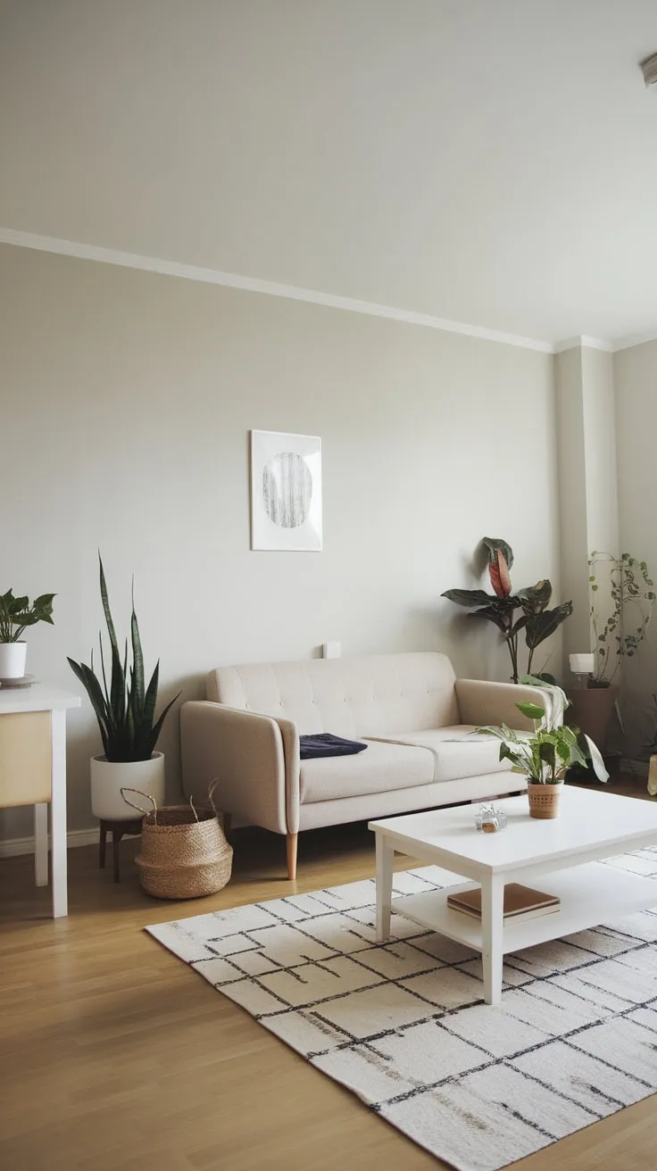 Neutral tones and simple furnishings create a serene apartment living room.