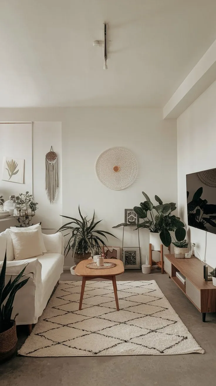 Bright light illuminates a minimalist apartment living room featuring a white sofa, wooden coffee table, and calming greenery.