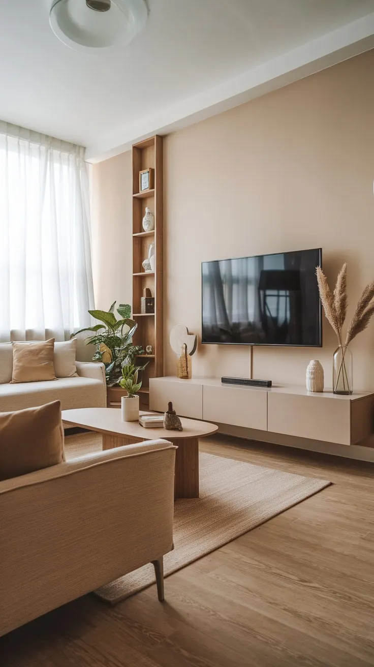 A minimalist apartment living room boasts a beige sofa, wooden floors, and a calming neutral palette accented by a few plants and tasteful décor.