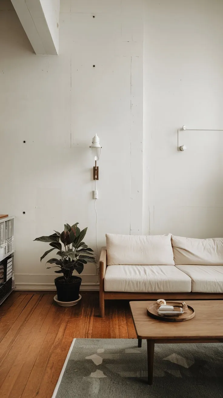 A minimalist apartment living room boasts a white sofa, wooden coffee table, and potted plant against a subtly imperfect white wall, illuminated by a wall sconce.