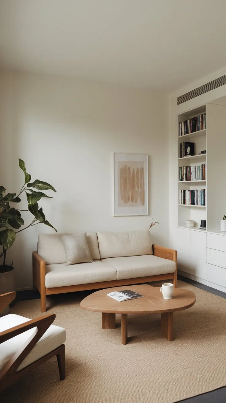 A minimalist apartment living room boasts a peaceful atmosphere with a beige sofa, wooden coffee table, and built-in shelving.