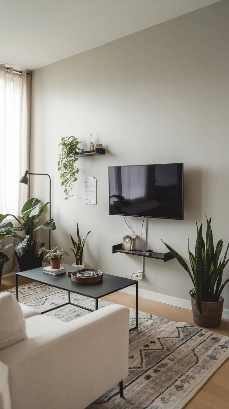 A minimalist gray living room features a white couch, black coffee table, and pops of green, creating a serene and stylish space.