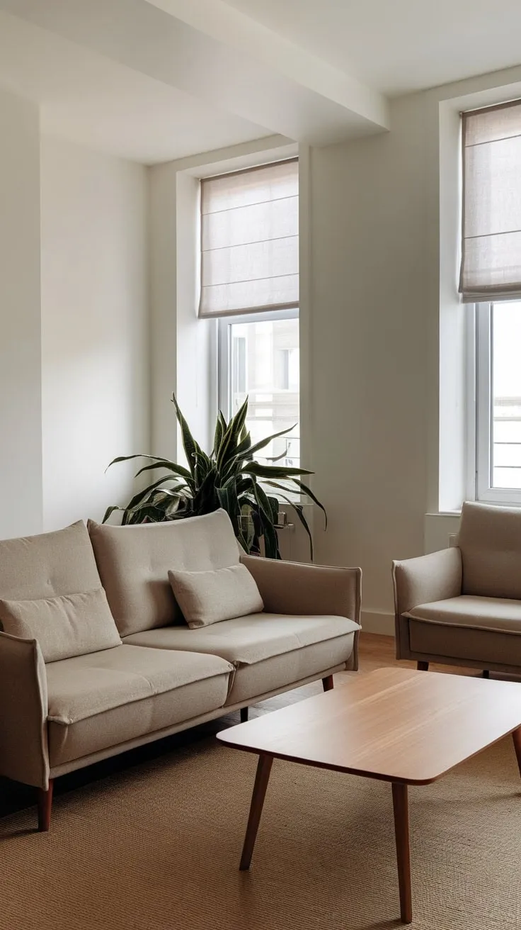 Neutral tones and simple furnishings define this serene apartment living room, highlighted by natural light and a touch of greenery.