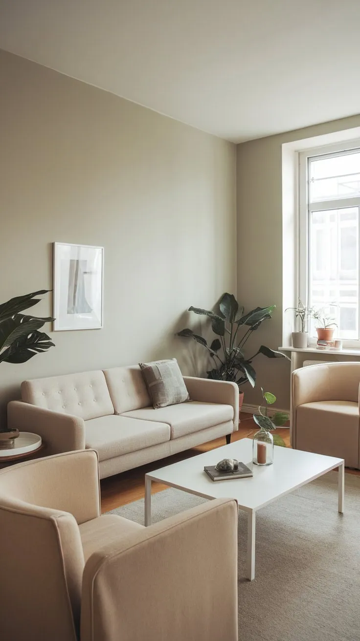 Soft grey walls and minimalist beige furniture create a serene apartment living room oasis