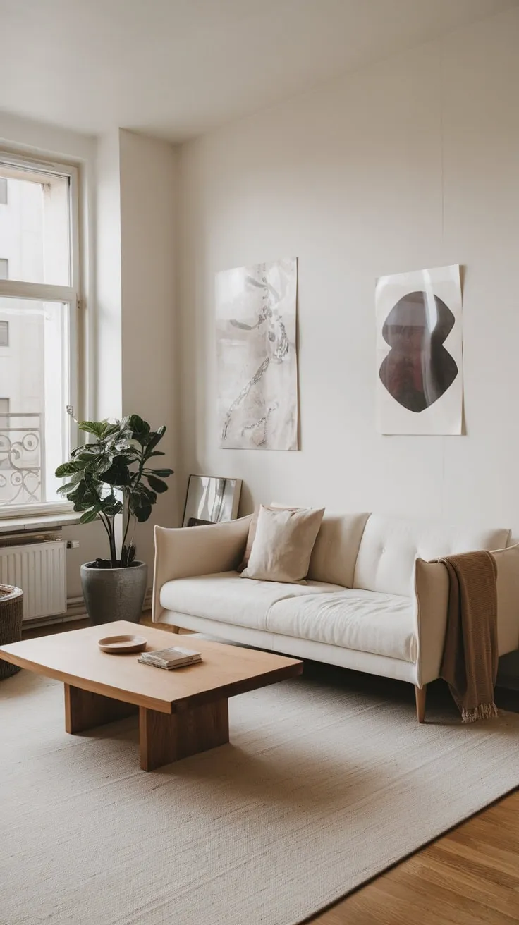 Clean lines and natural light define this airy apartment living room, featuring a simple yet stylish setup.