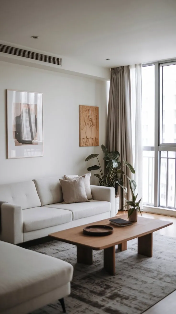 Modern art accents a bright, airy apartment living room featuring a white sofa and natural wood elements.