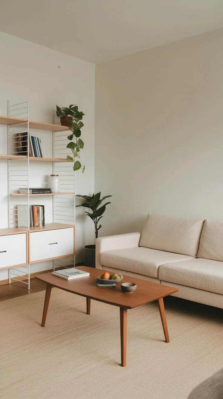 A minimalist apartment living room features a beige sofa, wooden coffee table, and white shelving accented by plants against a calming white backdrop