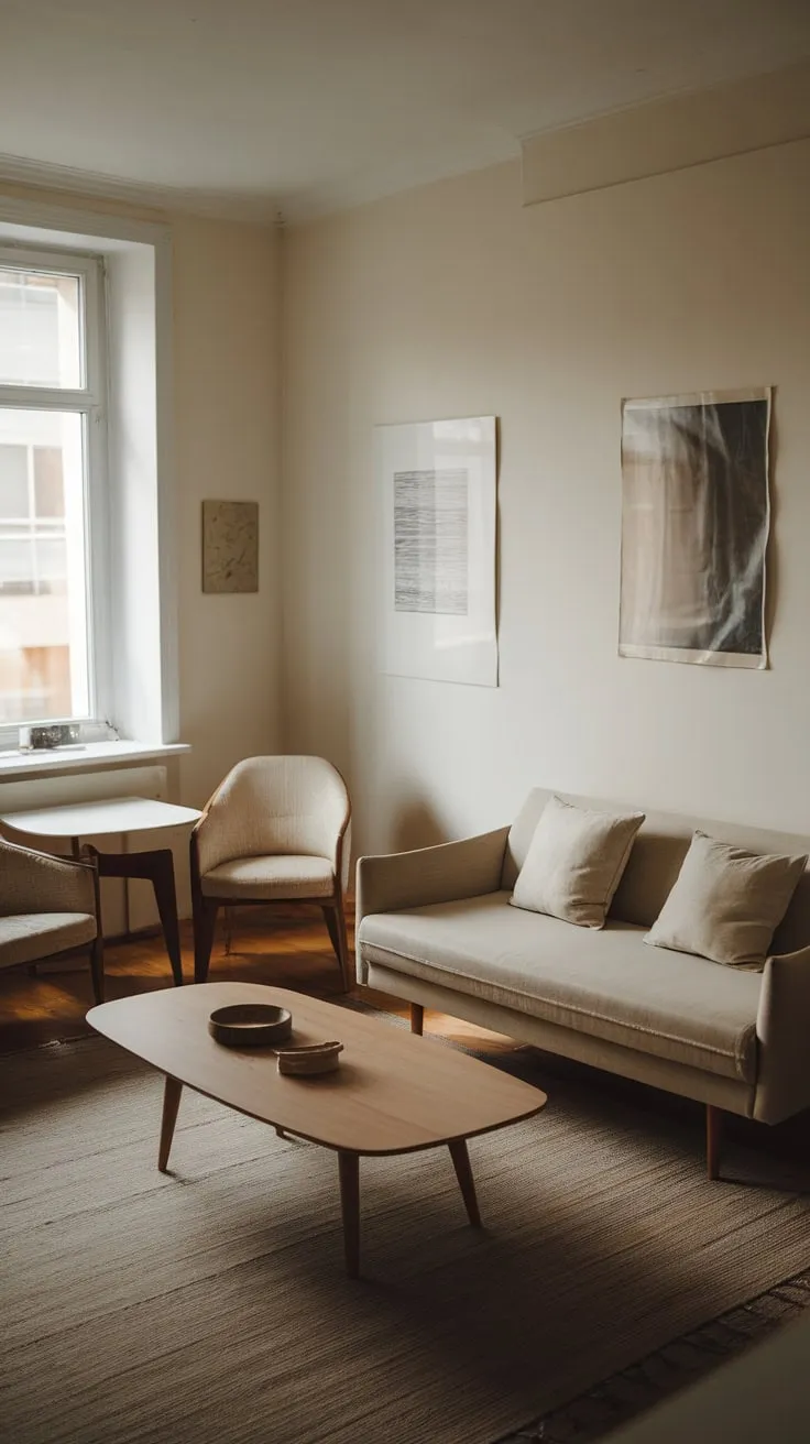Soft light illuminates a minimalist apartment living room featuring a beige sofa, wooden coffee table, and tasteful artwork.