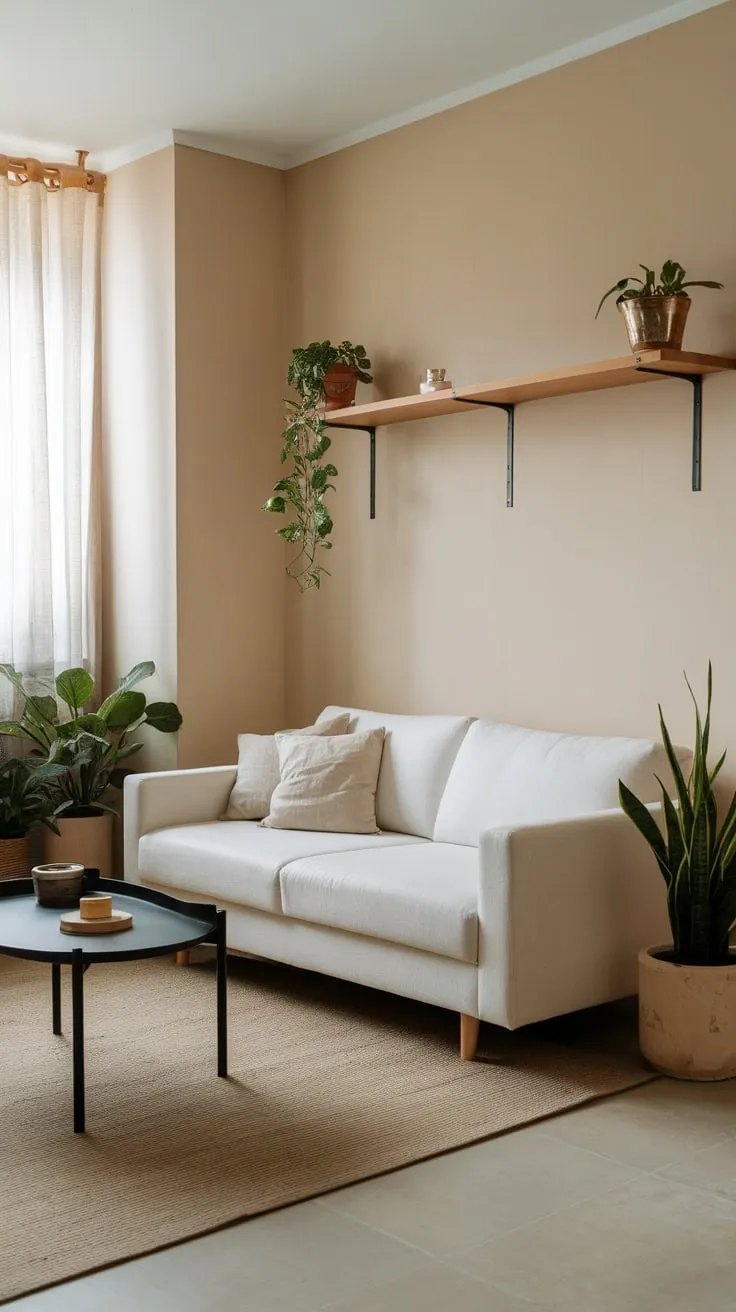 A minimalist apartment living room boasts a serene atmosphere with a white sofa, black coffee table, and pops of green from potted plants.