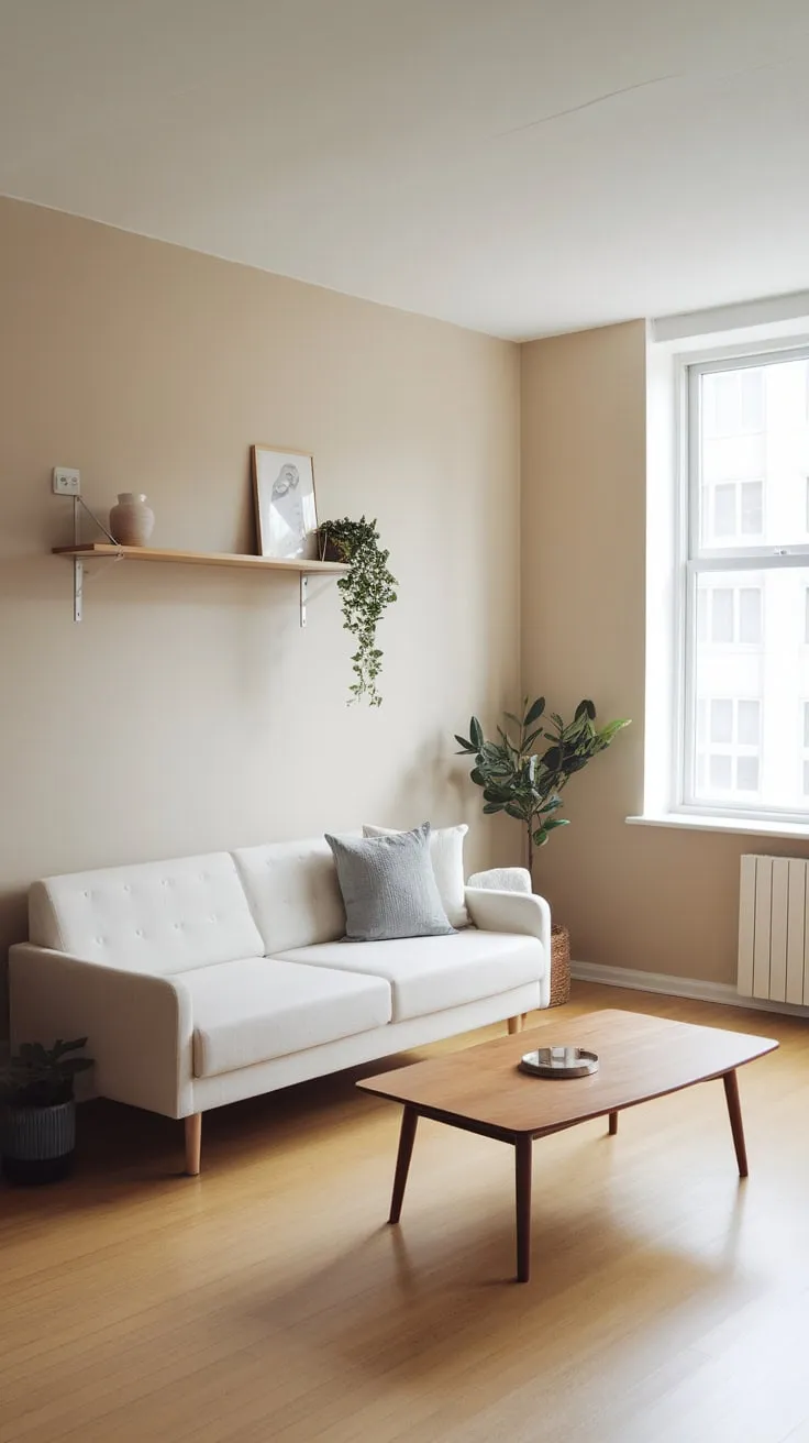 Light hardwood floors and beige walls create a calm minimalist apartment living room featuring a white sofa and simple wooden coffee table.