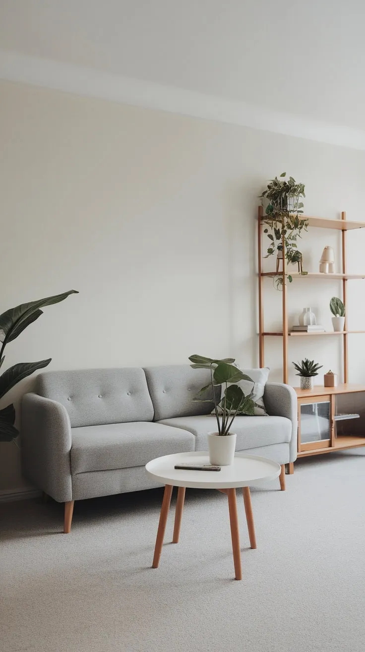 A minimalist grey and white apartment living room, accented with plants and wood, offers a calm and stylish space