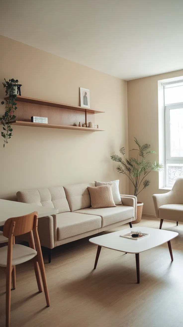 A light and airy apartment living room boasts a calming beige palette, simple furnishings, and a touch of greenery.