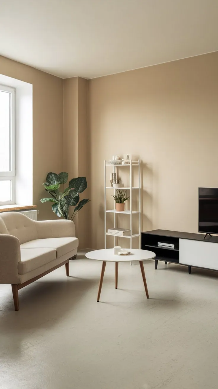Neutral tones and clean lines define this minimalist apartment living room, featuring a beige sofa, white coffee table, and concrete floors.