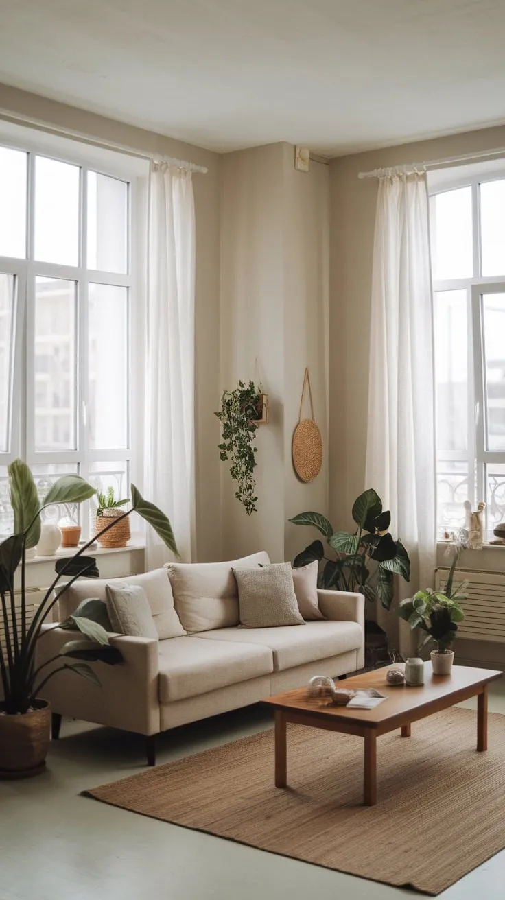 A serene minimalist apartment living room features a beige sofa and natural elements against light grey walls under a low ceiling.