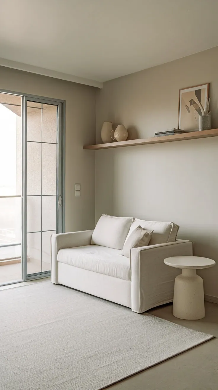 Light grey walls and a plush white sofa create a serene minimalist apartment living room, accented by a wooden shelf and glass-paned balcony door.