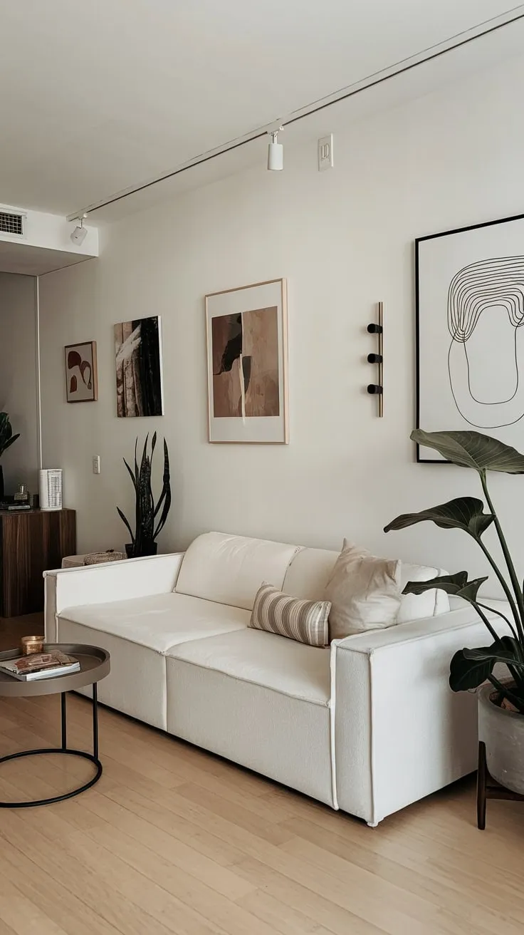 Clean lines and a large plant define this airy apartment living room's minimalist aesthetic.