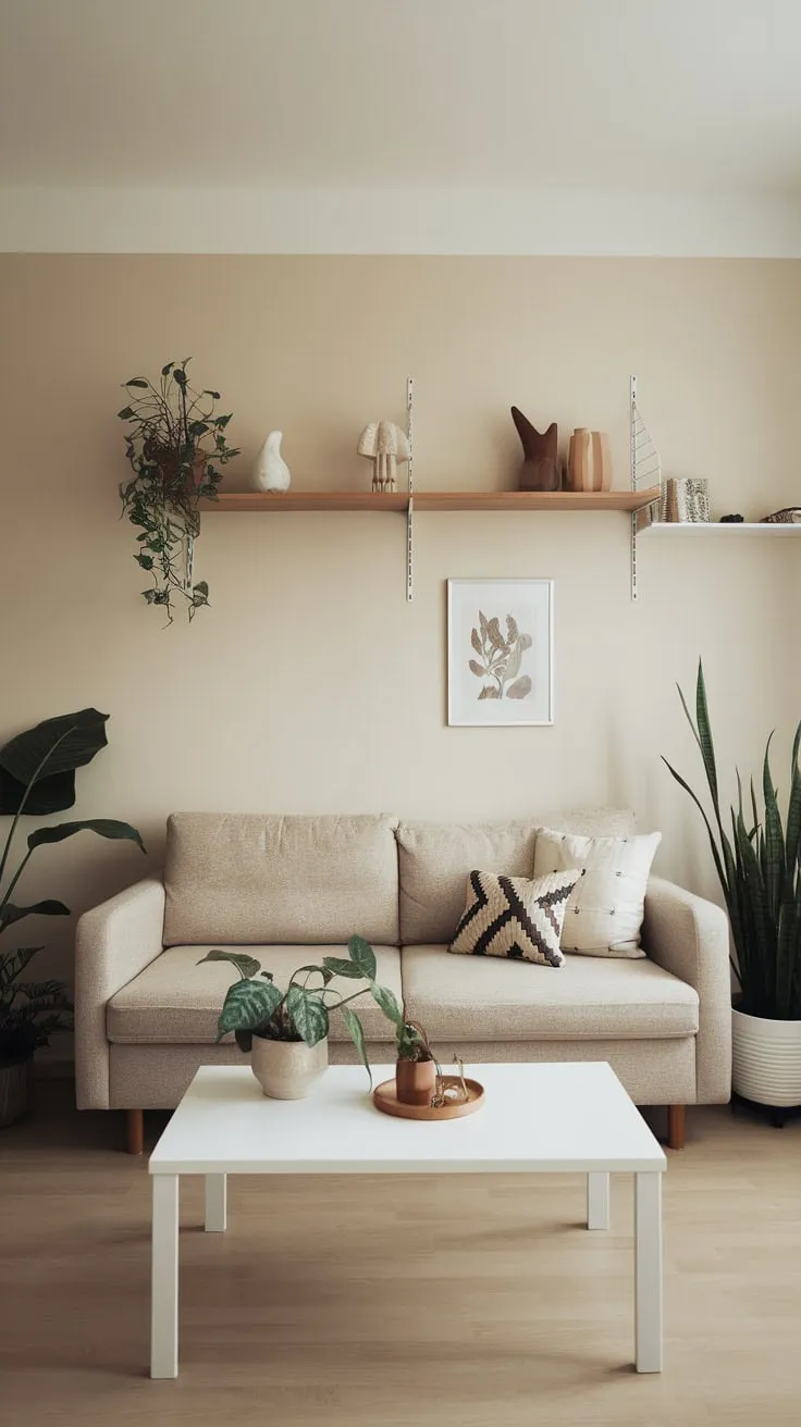 Neutral tones and simple furnishings create a calm and airy atmosphere in this minimalist apartment living room.