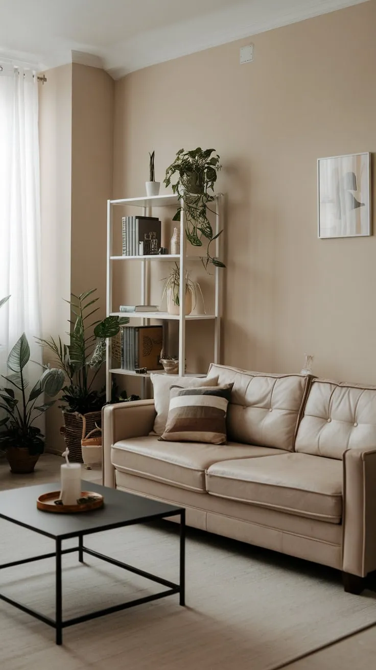 Neutral tones and simple furnishings create a serene apartment living room, enhanced by a few strategically placed plants.