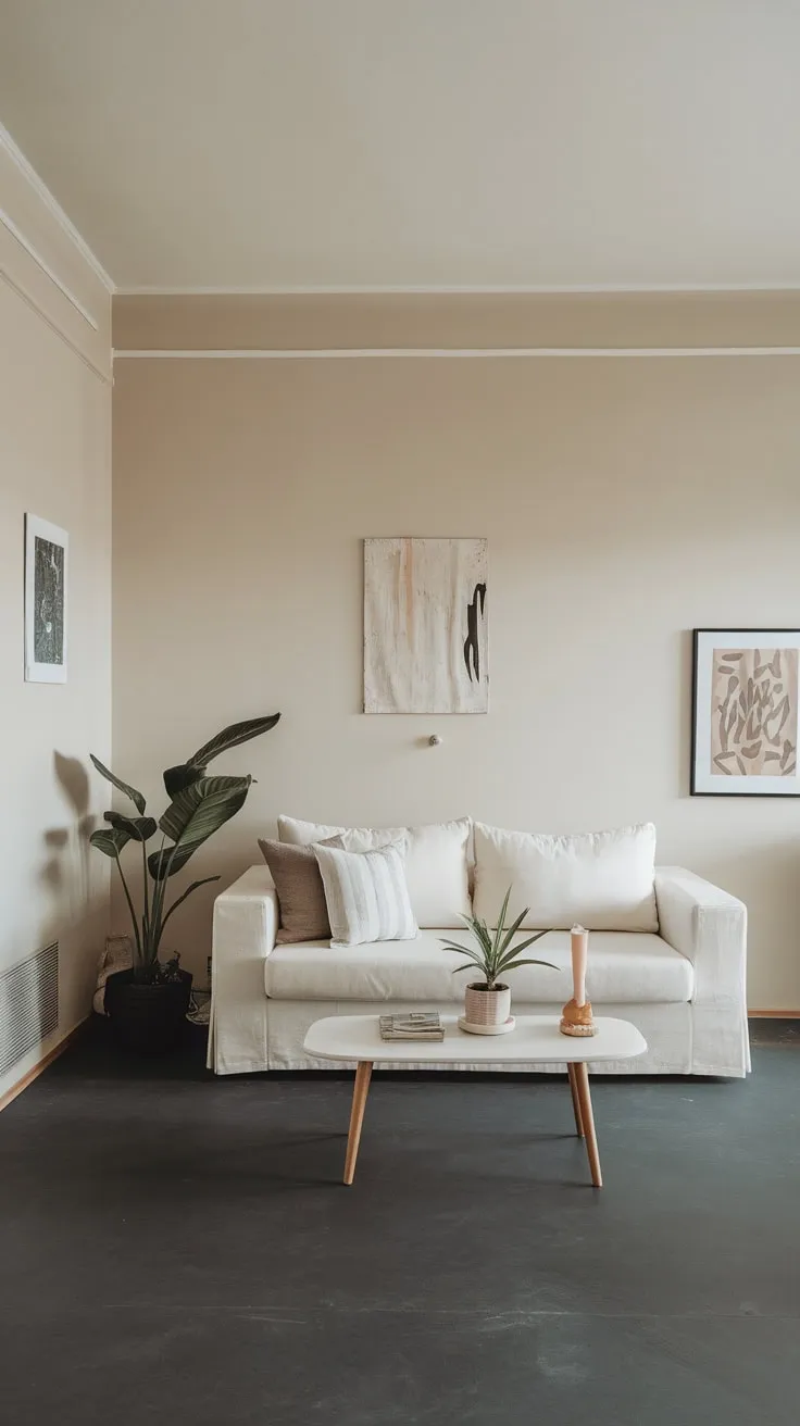 A minimalist apartment living room boasts a white sofa, dark grey floors, and subtle beige walls accented with art and greenery.